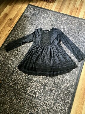 Johnny Was Black Embroidered Lace-Trim Dress with Beaded Breast